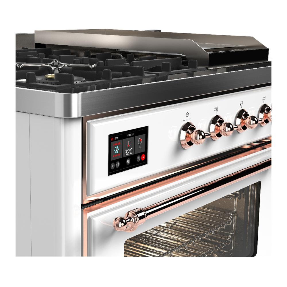 Ilve UM48FSNR3WHPLP Ilve Um48Fsnr3Whplp Majestic Iii 48 Inch Dual Fuel Range With 5 Black Brass Burners, Griddle And French Top, Dual Function Burner Up To 25,000 Btu (Liquid Propane, Triple Glass Door, White, Copper)