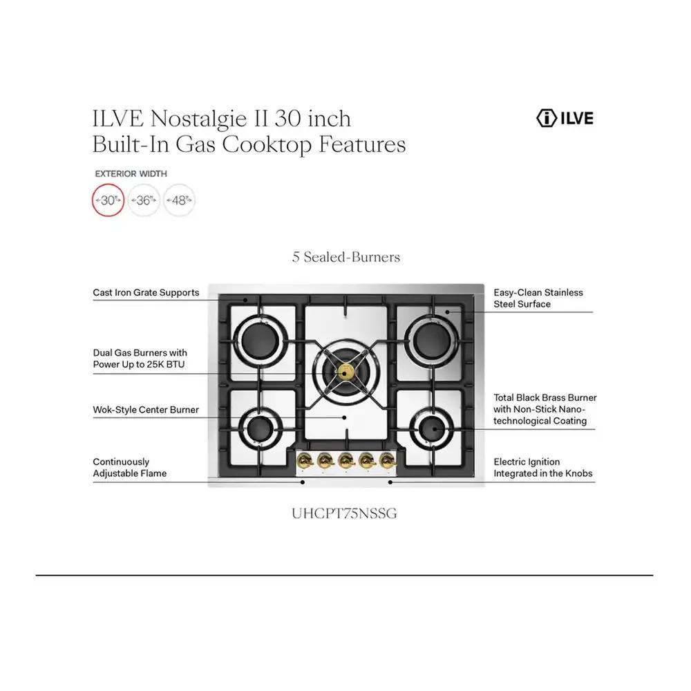 Ilve UHCPT75NSSC Ilve Uhcpt75Nssc Nostalgie Ii 30 Inch Built-In Gas Cooktop With 5 Burners, In Stainless Steel (Natural Gas, Chrome)