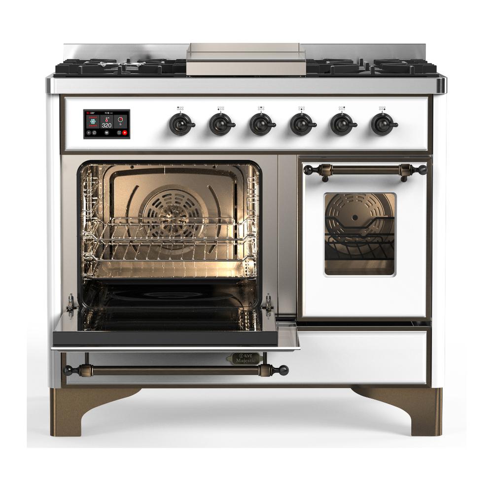 Ilve UMD40FNR3WHBLP Ilve Umd40Fnr3Whblp Majestic Iii 40 Inch Dual Fuel Range With 6 Burners And Griddle, Dual Function Burner Up To 25,000 Btu (Liquid Propane, Triple Glass Door, White, Burnished)
