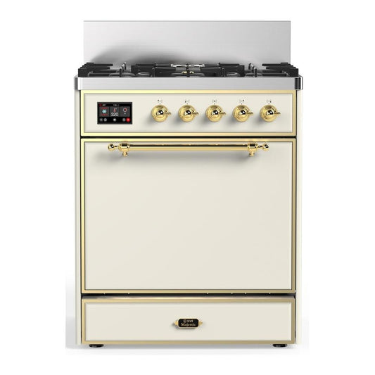 Ilve UM30QNR3AWGLP Ilve Um30Qnr3Awglp Majestic Iii 30 Inch Dual Fuel Range With 5 Black Brass Burners, Dual Function Burner Up To 25,000 Btu (Liquid Propane, Solid Door, Antique White, Brass)