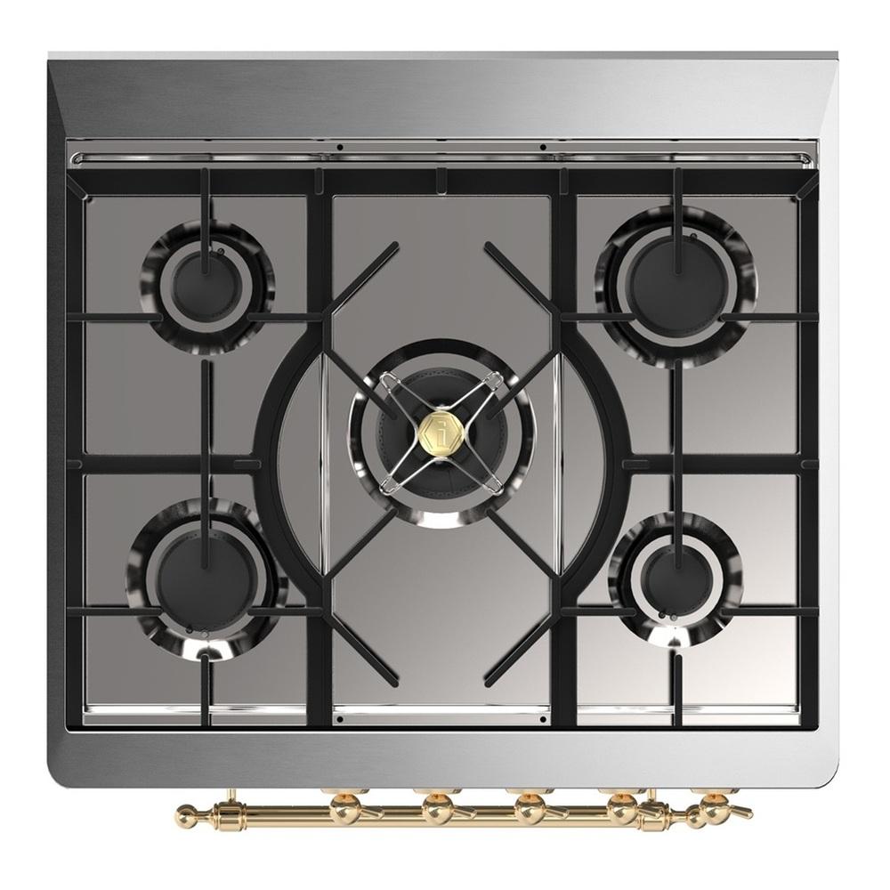 Ilve UM30NR3BKGLP Ilve Um30Nr3Bkglp Majestic Iii 30 Inch Dual Fuel Range With 5 Black Brass Burners, Dual Function Burner Up To 25,000 Btu (Liquid Propane, Triple Glass Door, Glossy Black, Brass)