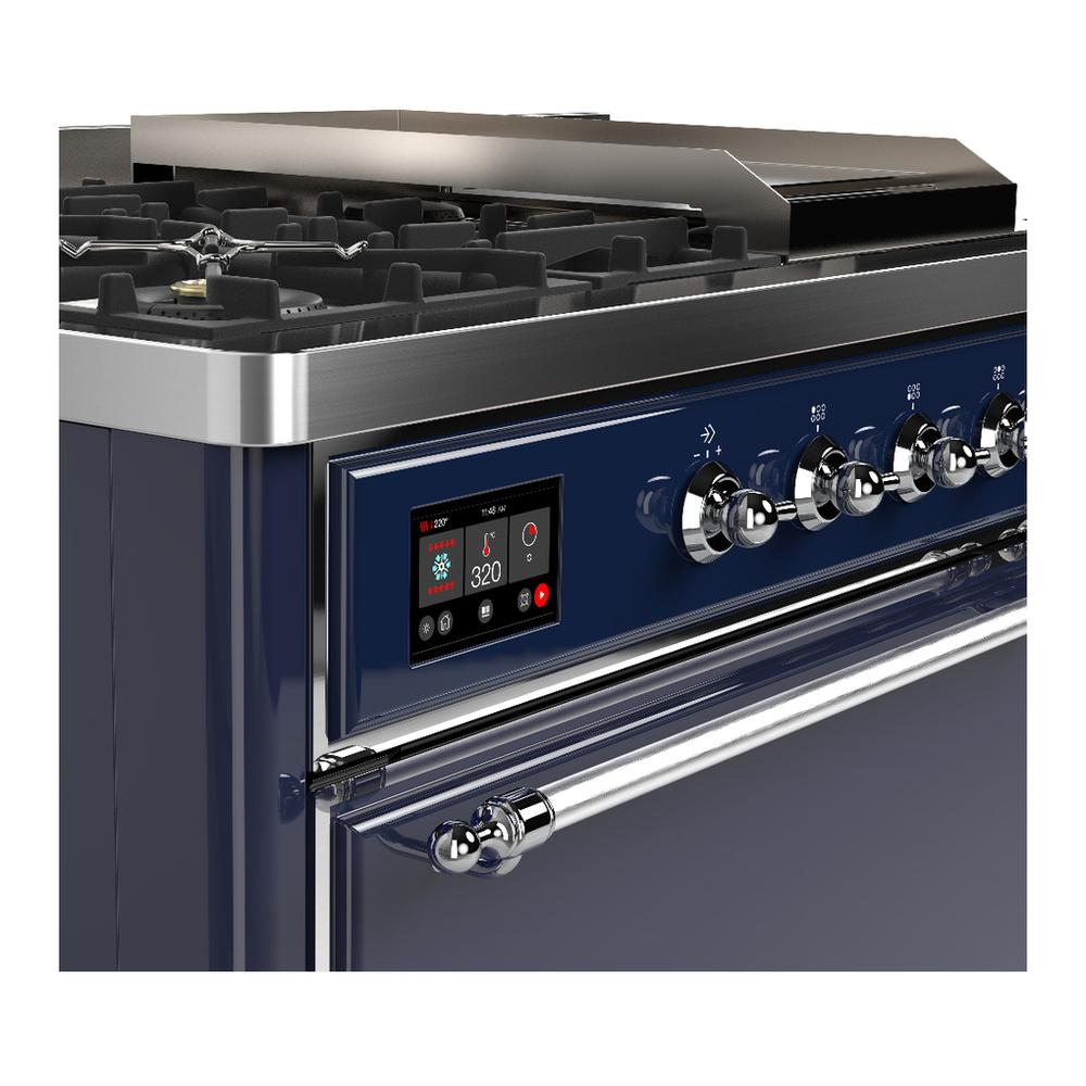 Ilve UM48FSQNR3MBCLP Ilve Um48Fsqnr3Mbclp Majestic Iii 48 Inch Dual Fuel Range With 5 Black Brass Burners, Griddle And French Top, Dual Function Burner Up To 25,000 Btu (Liquid Propane, Solid Door, Midnight Blue, Chrome)