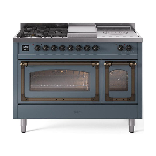 Ilve UN48FSNMPBGBLP Ilve Un48Fsnmpbgblp Nostalgie Ii Noblesse 48" Dual Fuel Range (5 Sealed Burners + Griddle + French Top, Liquid Propane, Triple Glass Door, Blue Grey, Burnished)