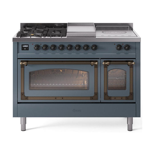 Ilve UN48FSNMPBGBLP Ilve Un48Fsnmpbgblp Nostalgie Ii Noblesse 48" Dual Fuel Range (5 Sealed Burners + Griddle + French Top, Liquid Propane, Triple Glass Door, Blue Grey, Burnished)