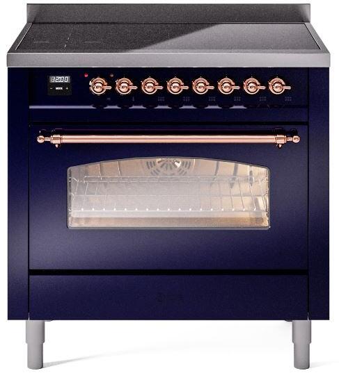 Ilve UPI366NMPMBP Nostalgie Ii 36 Inch Electric Freestanding Range In Blue With Copper Trim