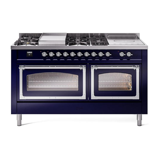Ilve UN60FSNMPMBC Ilve Un60Fsnmpmbc Nostalgie Ii Noblesse 60" Dual Fuel Range (7 Sealed Burners + Griddle + French Top, Natural Gas, Triple Glass Door, Midnight Blue, Chrome)