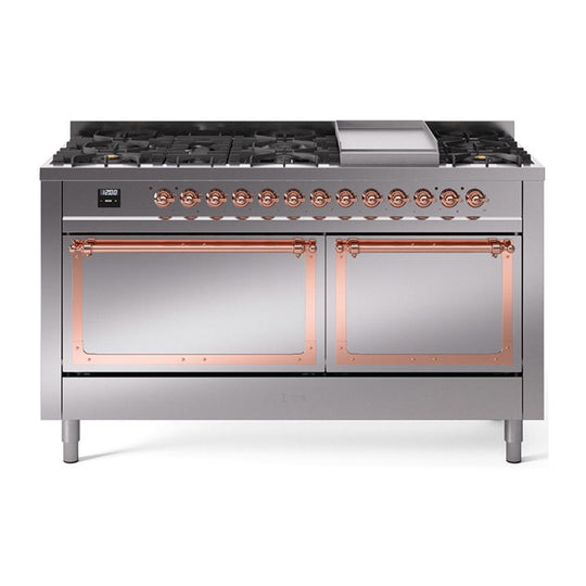 Ilve UN60FQNMPSSP Ilve Un60Fqnmpssp Nostalgie Ii Noblesse 60" Dual Fuel Range (9 Sealed Burners + Griddle, Natural Gas, Solid Door, Stainless Steel, Copper)