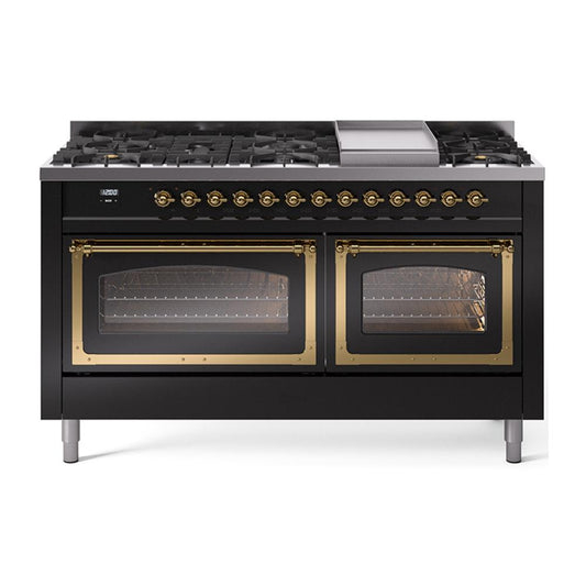 Ilve UN60FNMPBKGLP Ilve Un60Fnmpbkglp Nostalgie Ii Noblesse 60" Dual Fuel Range (9 Sealed Burners + Griddle, Liquid Propane, Triple Glass Door, Glossy Black, Brass)