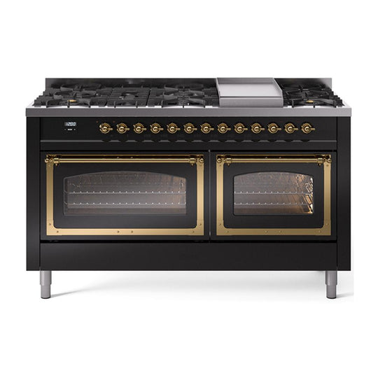 Ilve UN60FNMPBKGLP Ilve Un60Fnmpbkglp Nostalgie Ii Noblesse 60" Dual Fuel Range (9 Sealed Burners + Griddle, Liquid Propane, Triple Glass Door, Glossy Black, Brass)