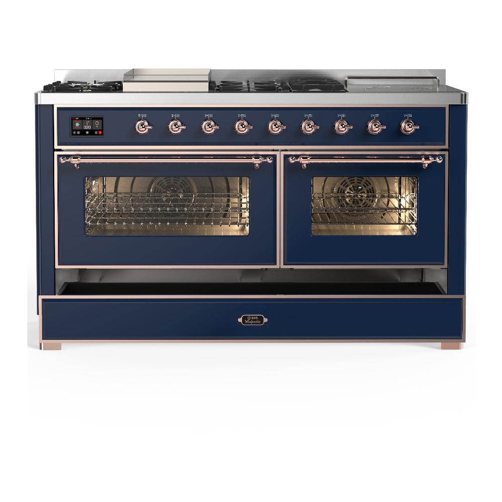 Ilve UM60FSNR3MBPLP Ilve Um60Fsnr3Mbplp Majestic Iii 60 Inch Dual Fuel Range With 7 Burners, Griddle And French Top, Dual Function Burner With Up To 25,000 Btu (Liquid Propane, Triple Glass Door, Midnight Blue, Copper)