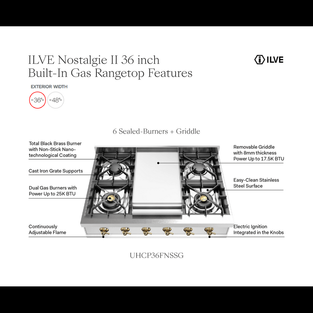 Ilve UHCP36FNSSGLP Ilve Uhcp36Fnssglp Nostalgie Ii 36 Inch Built-In Gas Rangetop With 6 Burners And Griddle, In Stainless Steel (Liquid Propane, Brass)