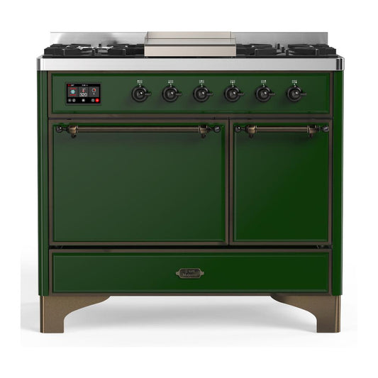 Ilve UMD40FQNR3EGBLP Ilve Umd40Fqnr3Egblp Majestic Iii 40 Inch Dual Fuel Range With 6 Burners And Griddle, Dual Function Burner Up To 25,000 Btu (Liquid Propane, Solid Door, Emerald Green, Burnished)