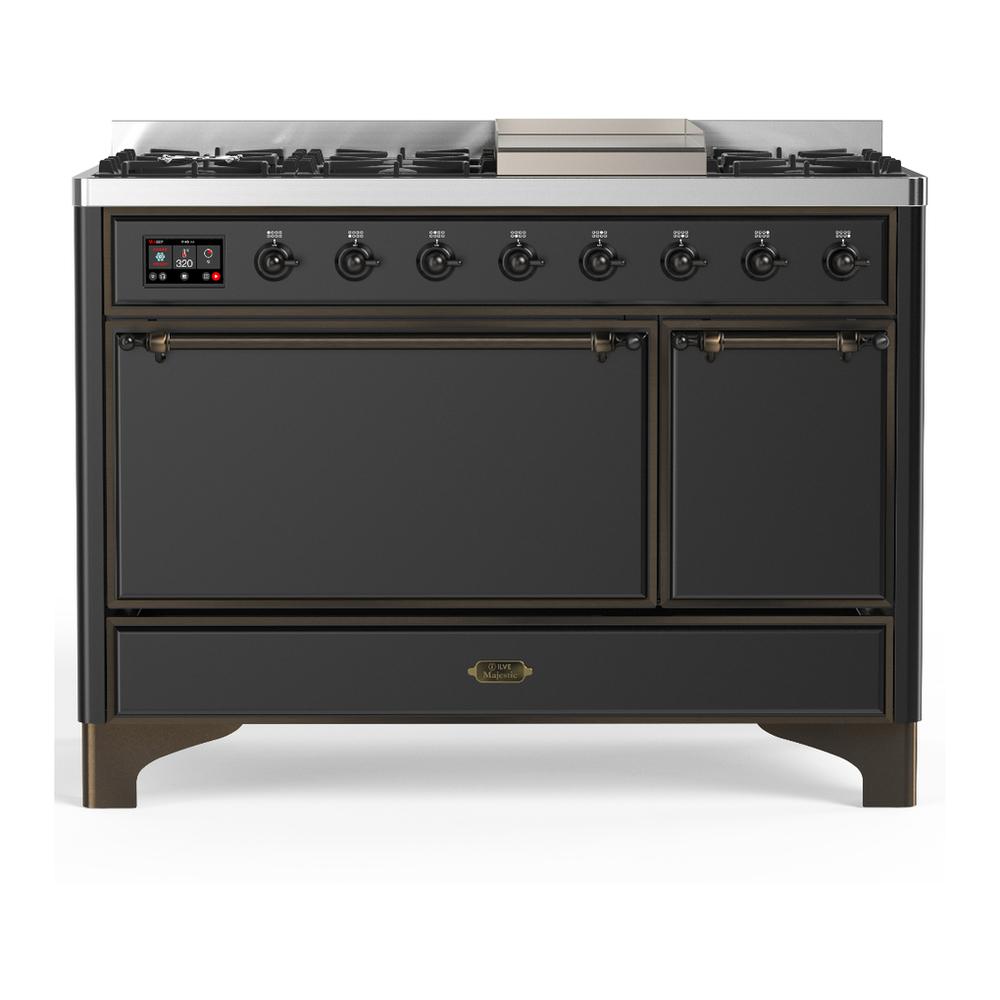 Ilve UM48FQNR3MGBLP Ilve Um48Fqnr3Mgblp Majestic Iii 48 Inch Dual Fuel Range With 8 Burners And Griddle, Dual Function Burner Up To 25,000 Btu (Liquid Propane, Solid Door, Graphite Matte, Burnished)