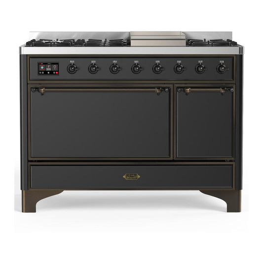 Ilve UM48FQNR3MGBLP Ilve Um48Fqnr3Mgblp Majestic Iii 48 Inch Dual Fuel Range With 8 Burners And Griddle, Dual Function Burner Up To 25,000 Btu (Liquid Propane, Solid Door, Graphite Matte, Burnished)