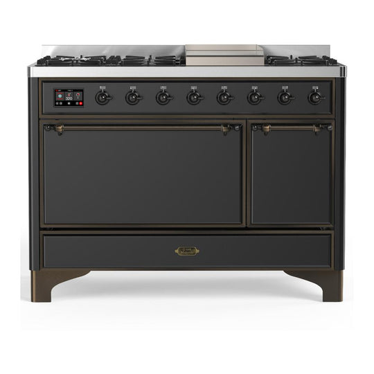 Ilve UM48FQNR3MGBLP Ilve Um48Fqnr3Mgblp Majestic Iii 48 Inch Dual Fuel Range With 8 Burners And Griddle, Dual Function Burner Up To 25,000 Btu (Liquid Propane, Solid Door, Graphite Matte, Burnished)