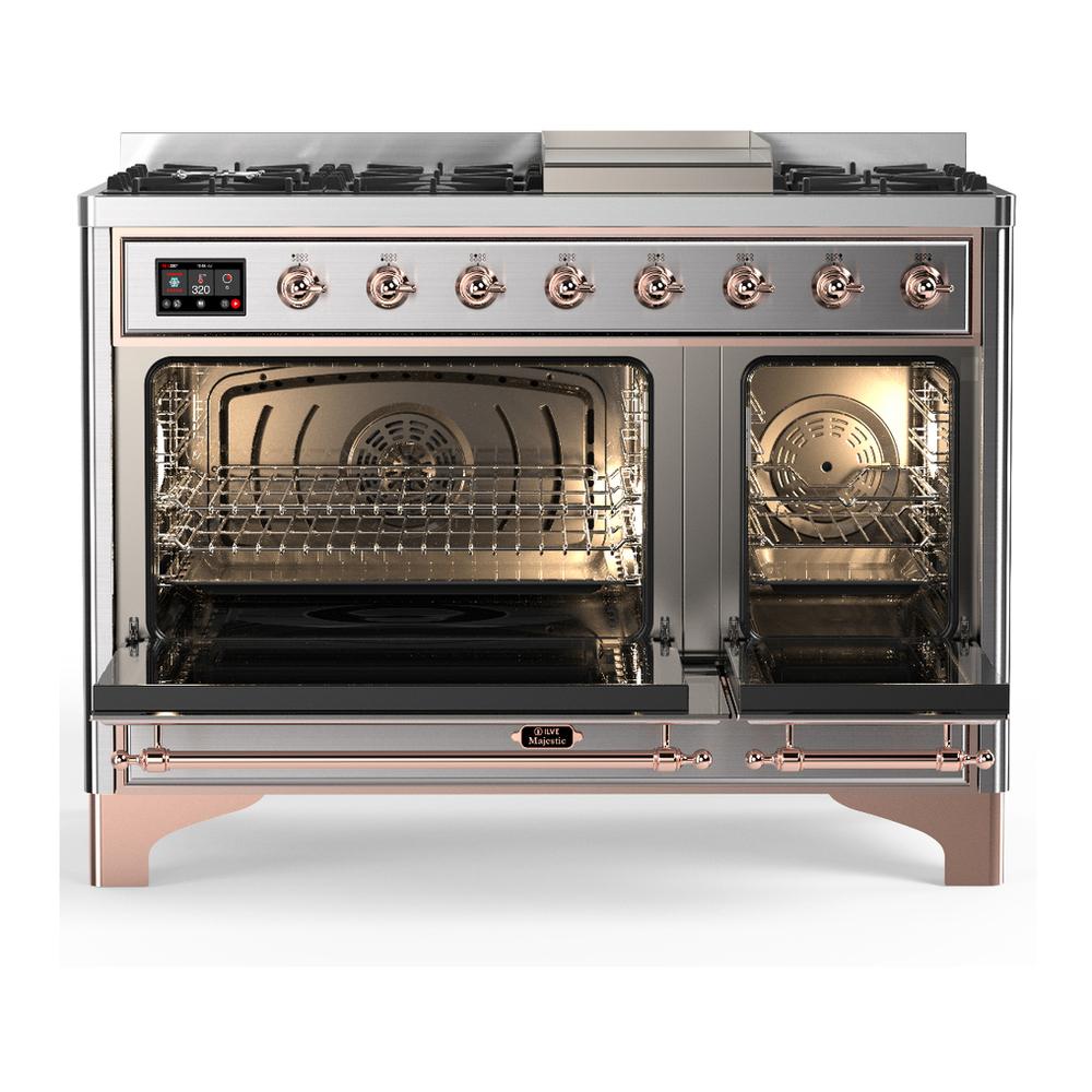 Ilve UM48FNR3SSP Ilve Um48Fnr3Ssp Majestic Iii 48 Inch Dual Fuel Range With 8 Burners And Griddle, Dual Function Burner Up To 25,000 Btu (Natural Gas, Triple Glass Door, Stainless Steel, Copper)