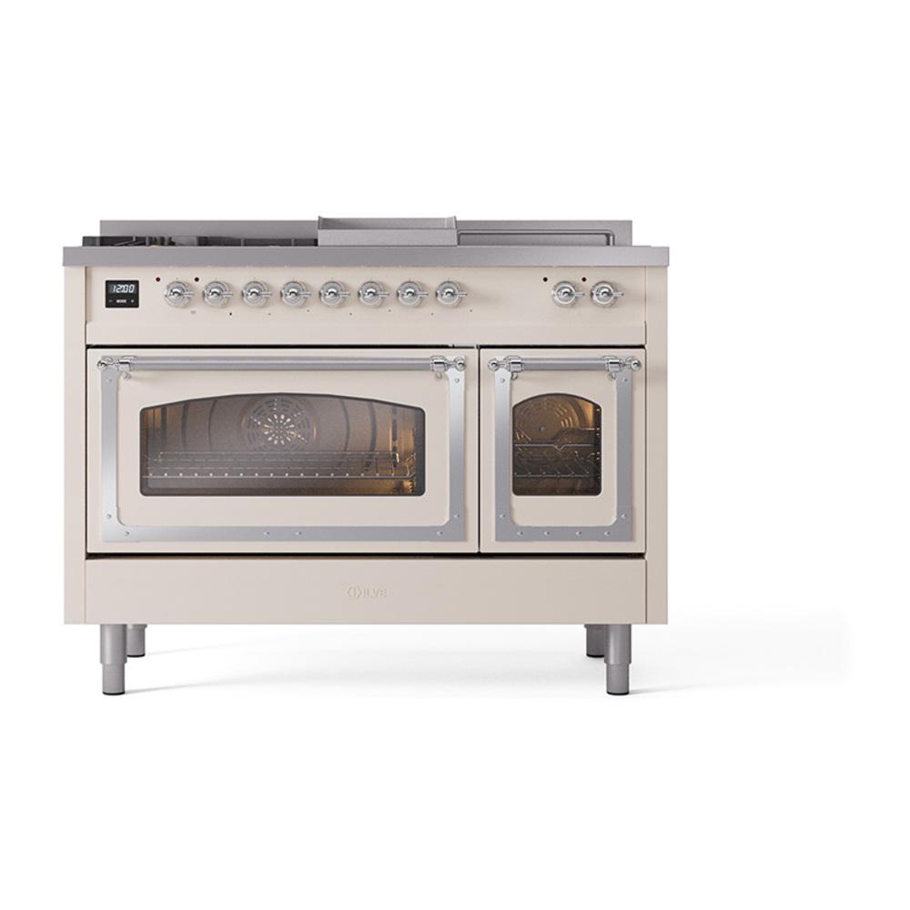 Ilve UN48FSNMPAWCLP Ilve Un48Fsnmpawclp Nostalgie Ii Noblesse 48" Dual Fuel Range (5 Sealed Burners + Griddle + French Top, Liquid Propane, Triple Glass Door, Antique White, Chrome)