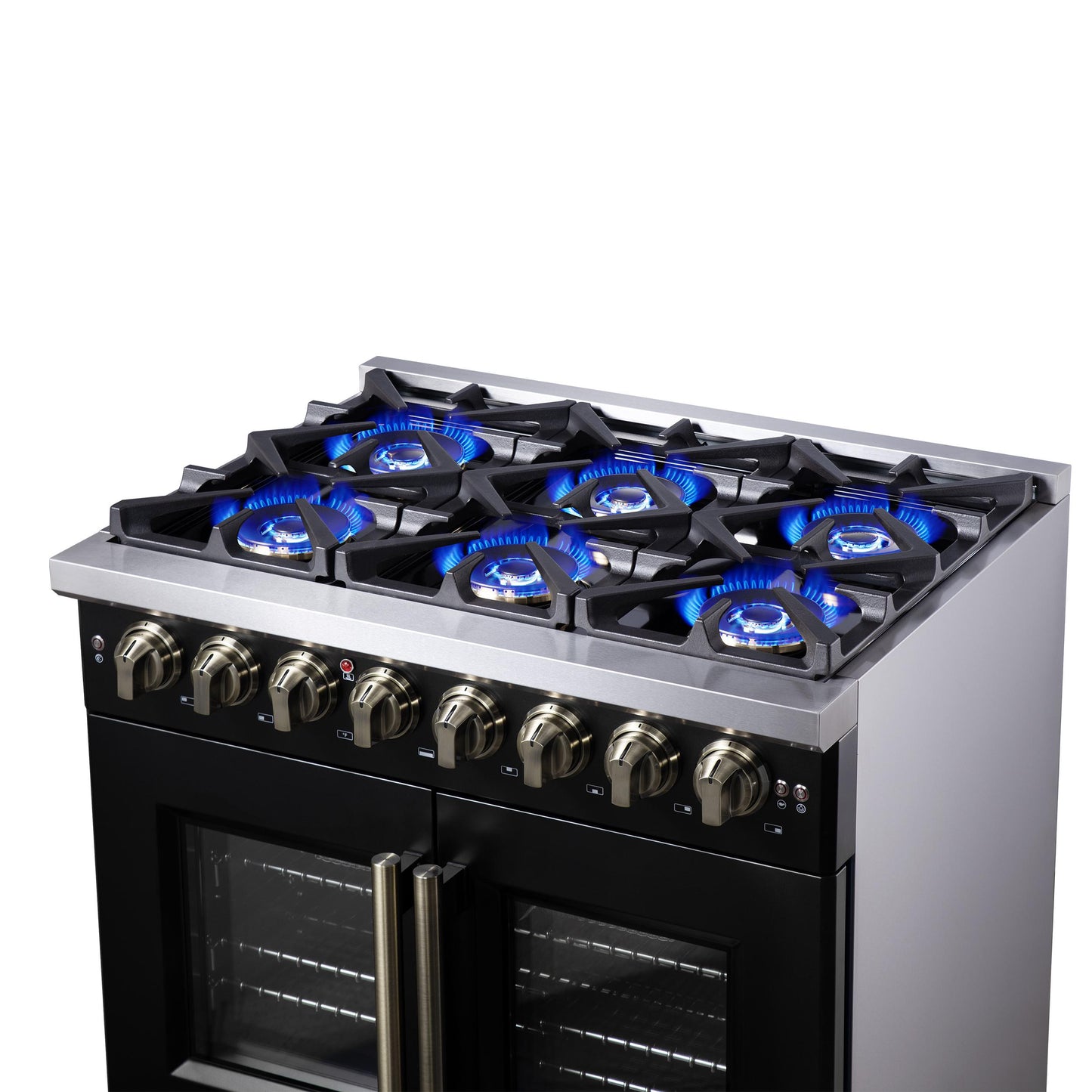 Forno FFSGS638736BLK Forno Capriasca 36 Inch Freestanding French Door Dual Fuel Range In Black With Antique Brass Accessories, 6 Burners, True Convection Oven