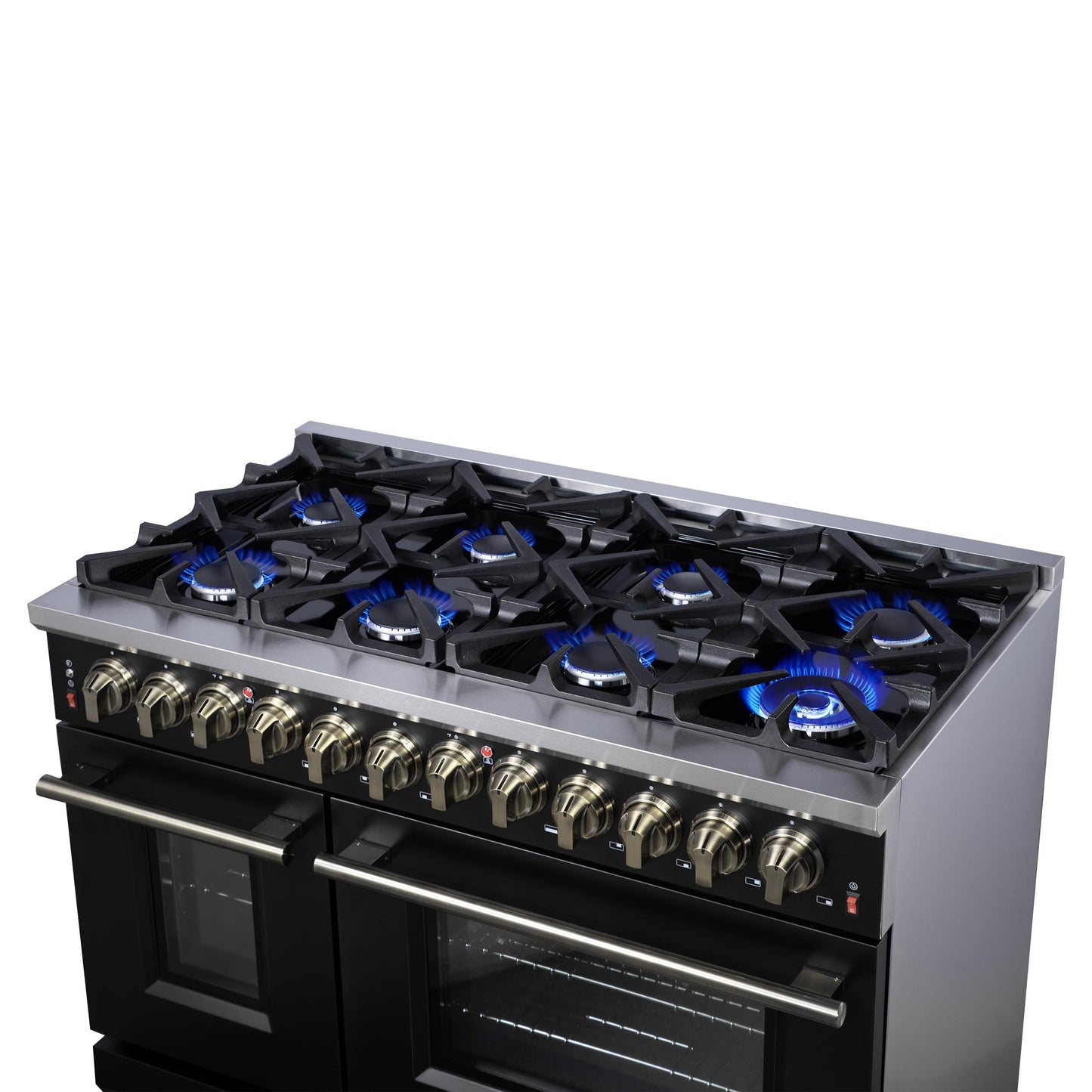 Forno FFSGS612548BLK Forno Massimo 48 Inch Freestanding Dual Fuel Range In Black With Antique Brass Accessories, 8 Burners, 6.58 Cu. Ft. Convection Oven
