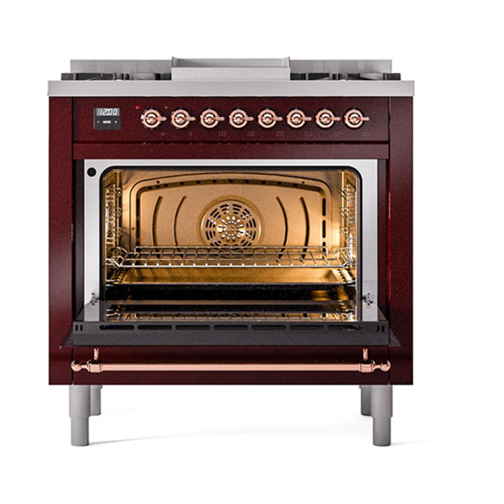 Ilve UN36FQNMPBUP Ilve Un36Fqnmpbup Nostalgie Ii Noblesse 36" Dual Fuel Range (Natural Gas, Solid Door, Burgundy, Copper)