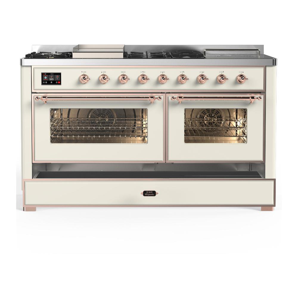 Ilve UM60FSNR3AWPLP Ilve Um60Fsnr3Awplp Majestic Iii 60 Inch Dual Fuel Range With 7 Burners, Griddle And French Top, Dual Function Burner With Up To 25,000 Btu (Liquid Propane, Triple Glass Door, Antique White, Copper)
