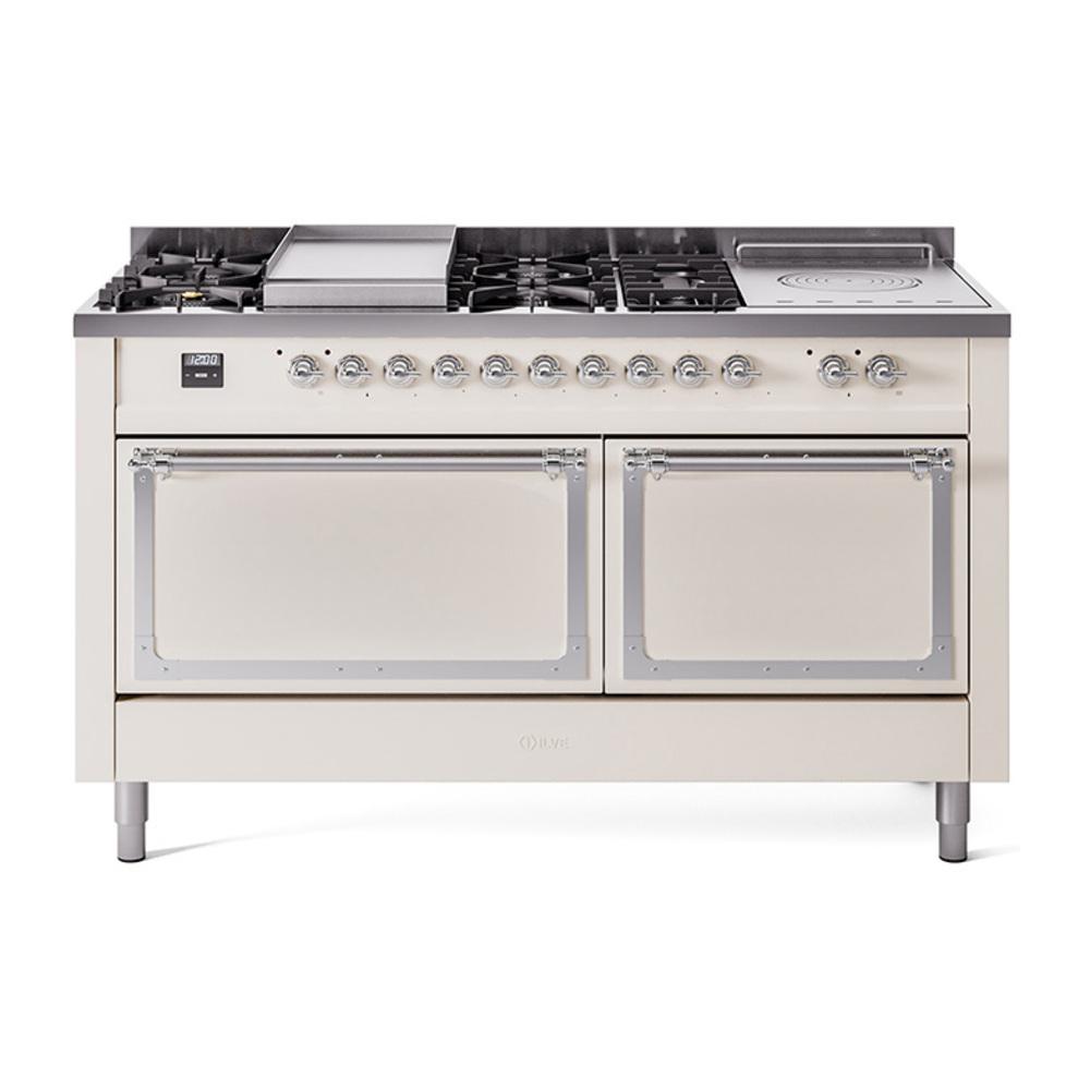Ilve UN60FSQNMPAWC Ilve Un60Fsqnmpawc Nostalgie Ii Noblesse 60" Dual Fuel Range (7 Sealed Burners + Griddle + French Top, Natural Gas, Solid Door, Antique White, Chrome)