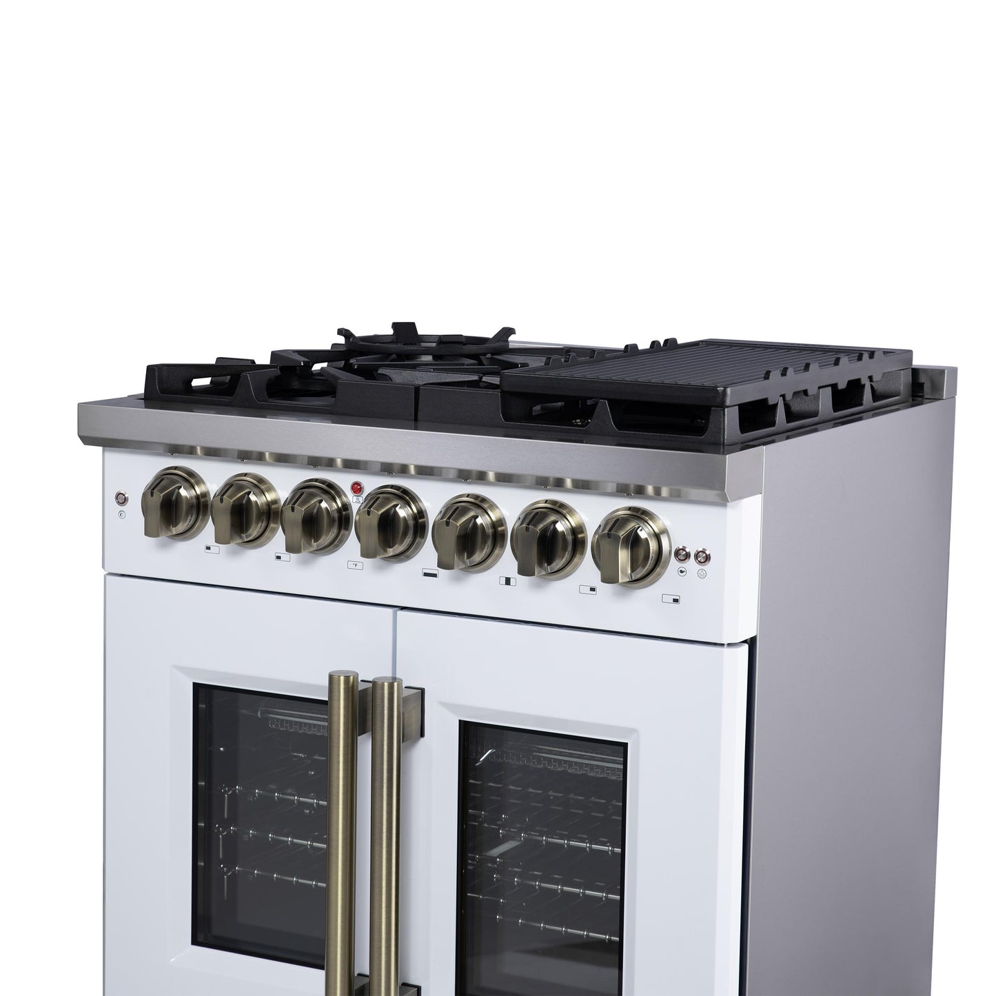 Forno FFSGS638730WHT Forno Capriasca 30-Inch Freestanding French Door Dual Fuel Range In White With Antique Brass Accessories, 5 Burners, True Convection Oven