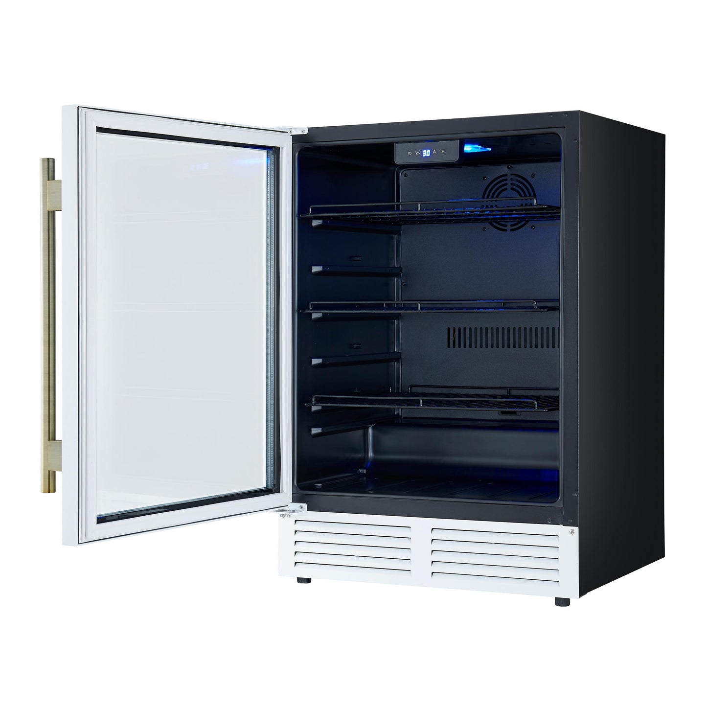 Forno FWCDR666524WHT Forno Frescolino 24 Inch Beverage Cooler, White With Antique Brass Handles, With Led Lighting, Triple Glass Door, 188 Can Capacity, Built-In Or Freestanding