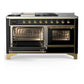 Ilve UM60FSNR3BKGLP Ilve Um60Fsnr3Bkglp Majestic Iii 60 Inch Dual Fuel Range With 7 Burners, Griddle And French Top, Dual Function Burner With Up To 25,000 Btu (Liquid Propane, Triple Glass Door, Glossy Black, Brass)
