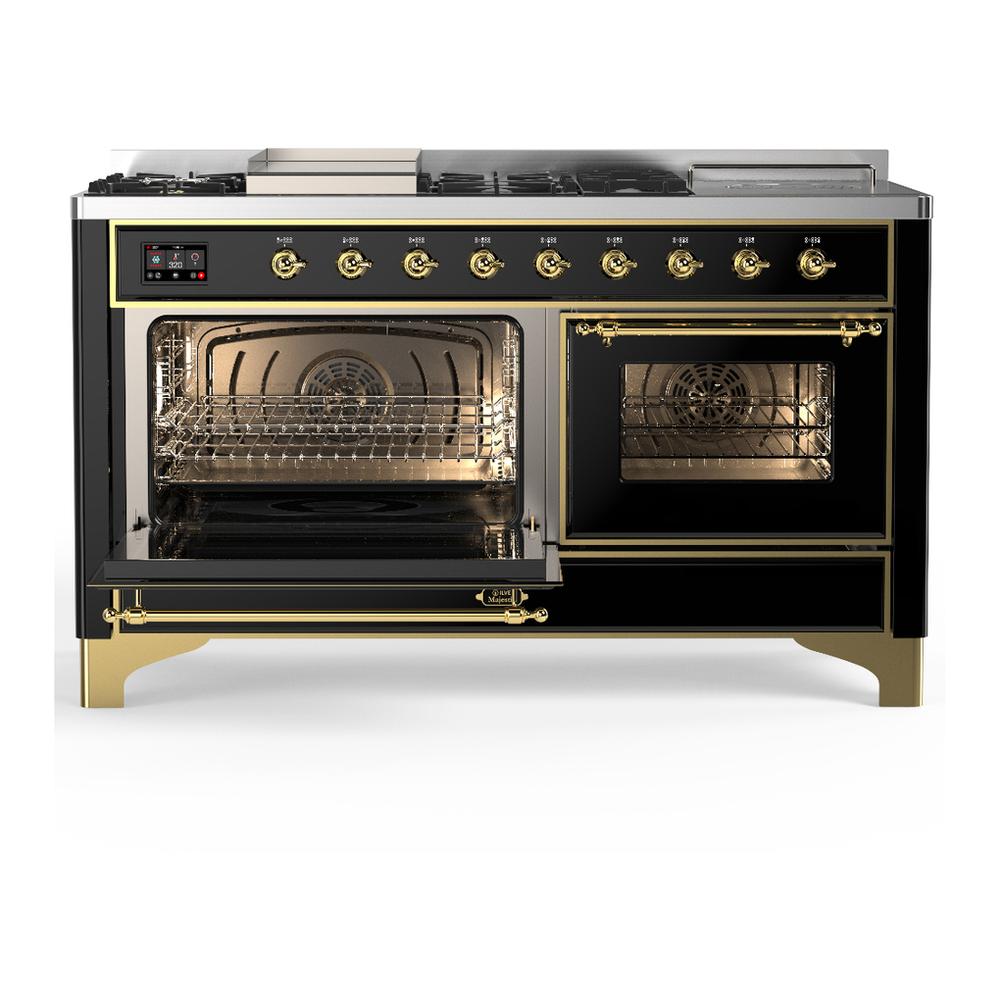 Ilve UM60FSNR3BKGLP Ilve Um60Fsnr3Bkglp Majestic Iii 60 Inch Dual Fuel Range With 7 Burners, Griddle And French Top, Dual Function Burner With Up To 25,000 Btu (Liquid Propane, Triple Glass Door, Glossy Black, Brass)