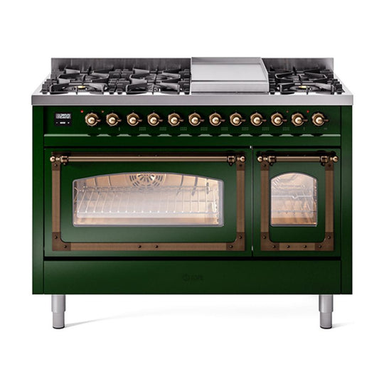 Ilve UN48FNMPEGBLP Ilve Un48Fnmpegblp Nostalgie Ii Noblesse 48" Dual Fuel Range (8 Sealed Burners + Griddle, Liquid Propane, Triple Glass Door, Emerald Green, Burnished)