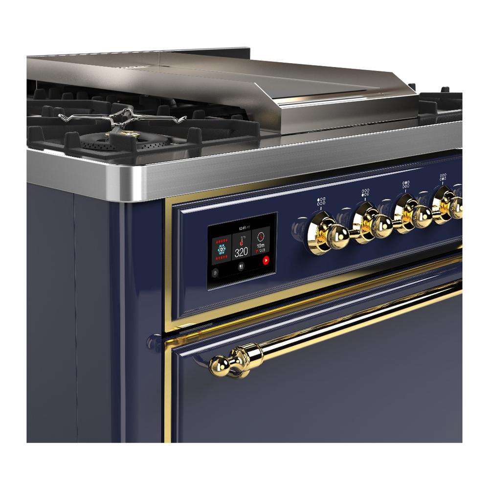 Ilve UM36FQNR3MBGLP Ilve Um36Fqnr3Mbglp Majestic Iii 36 Inch Dual Fuel Range With 6 Black Brass Burners And Griddle, Dual Function Burner Up To 25,000 Btu (Solid Door, Midnight Blue, Brass, Liquid Propane)