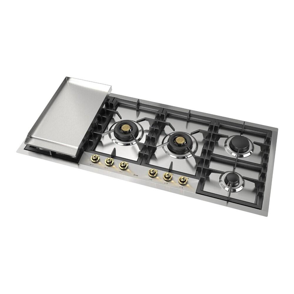 Ilve UHCPT125FNSSGLP Ilve Uhcpt125Fnssglp Nostalgie Ii 48 Inch Built-In Gas Cooktop With Total Black Brass Burners, In Stainless Steel (6 Sealed Burners + Left Griddle, Liquid Propane, Brass)