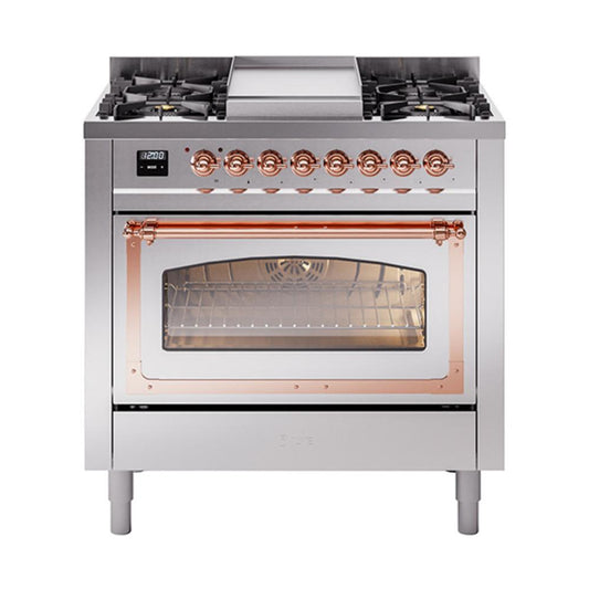 Ilve UN36FNMPSSPLP Ilve Un36Fnmpssplp Nostalgie Ii Noblesse 36" Dual Fuel Range (Liquid Propane, Triple Glass Door, Stainless Steel, Copper)