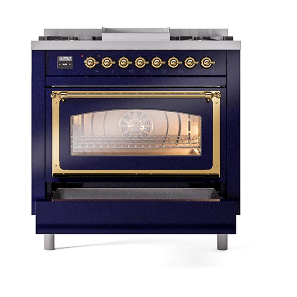 Ilve UN36FNMPMBGLP Ilve Un36Fnmpmbglp Nostalgie Ii Noblesse 36" Dual Fuel Range (Liquid Propane, Triple Glass Door, Midnight Blue, Brass)