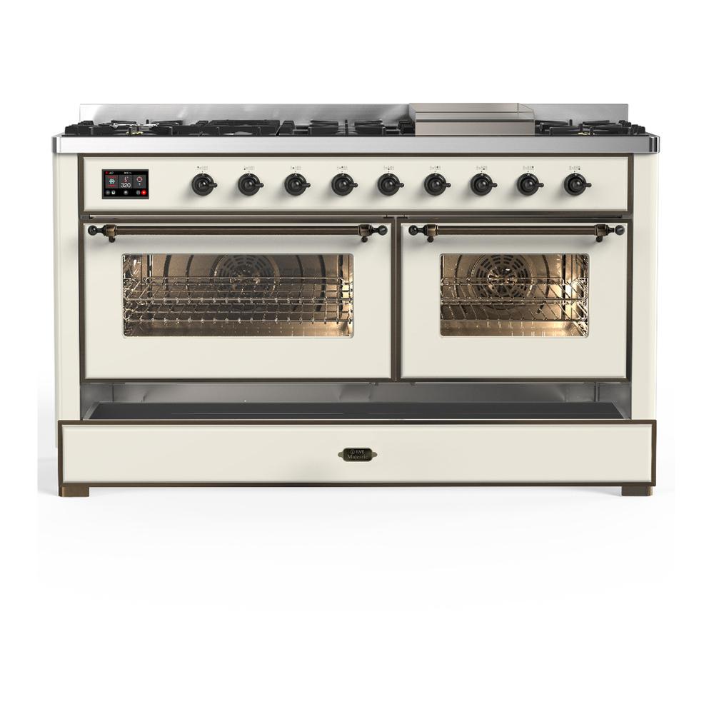 Ilve UM60FNR3AWB Ilve Um60Fnr3Awb Majestic Iii 60 Inch Dual Fuel Range With 9 Burners And Griddle, Dual Function Burner Up To 25,000 Btu (Natural Gas, Triple Glass Door, Antique White, Burnished)