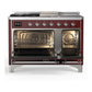 Ilve UM48FSNR3BUC Ilve Um48Fsnr3Buc Majestic Iii 48 Inch Dual Fuel Range With 5 Black Brass Burners, Griddle And French Top, Dual Function Burner Up To 25,000 Btu (Natural Gas, Triple Glass Door, Burgundy, Chrome)