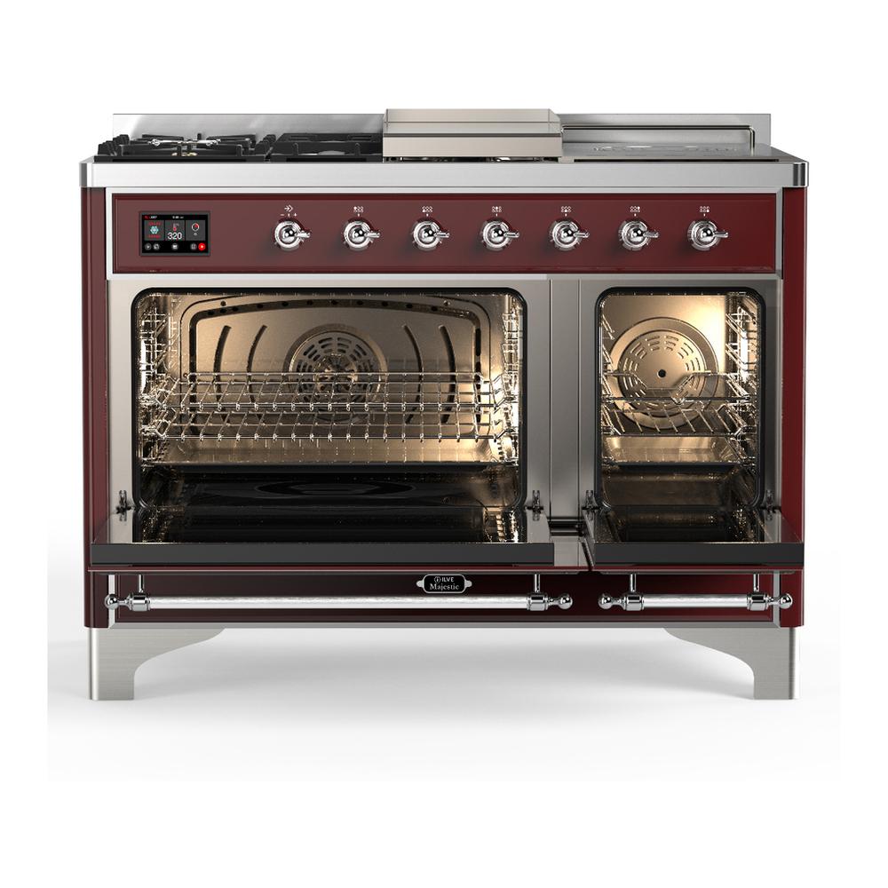 Ilve UM48FSNR3BUC Ilve Um48Fsnr3Buc Majestic Iii 48 Inch Dual Fuel Range With 5 Black Brass Burners, Griddle And French Top, Dual Function Burner Up To 25,000 Btu (Natural Gas, Triple Glass Door, Burgundy, Chrome)