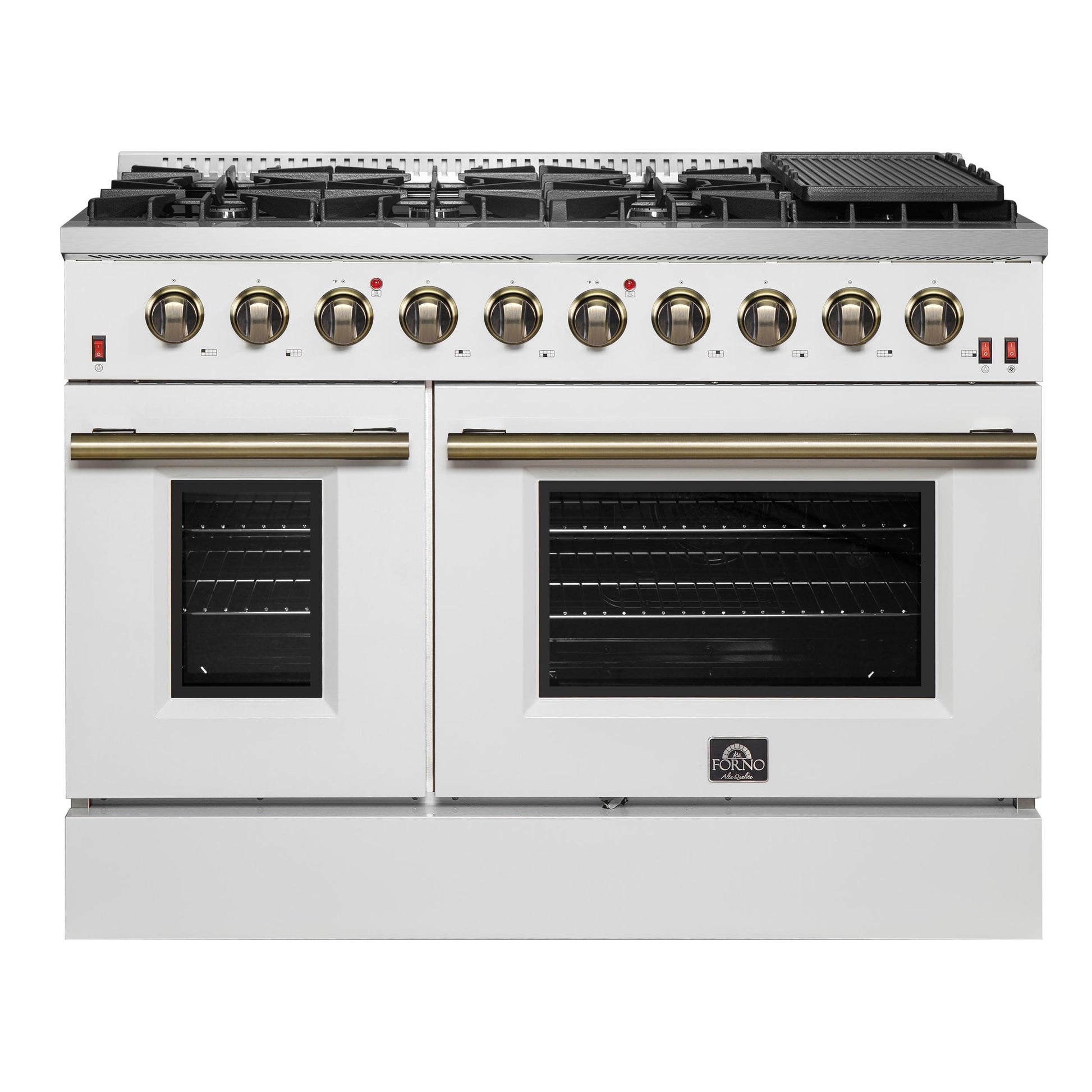 Forno FFSGS624448WHT Forno Galiano 48-Inch Gas Range White & Antique Brass Design, 8 Burners, 107,000 Btu, Griddle, 6.58 Cu.Ft. Double Ovens