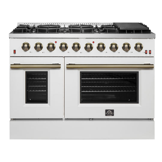 Forno FFSGS624448WHT Forno Galiano 48-Inch Gas Range White & Antique Brass Design, 8 Burners, 107,000 Btu, Griddle, 6.58 Cu.Ft. Double Ovens