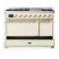 Ilve UM48FQNR3AWGLP Ilve Um48Fqnr3Awglp Majestic Iii 48 Inch Dual Fuel Range With 8 Burners And Griddle, Dual Function Burner Up To 25,000 Btu (Liquid Propane, Solid Door, Antique White, Brass)