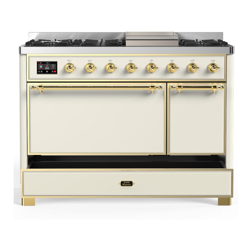 Ilve UM48FQNR3AWGLP Ilve Um48Fqnr3Awglp Majestic Iii 48 Inch Dual Fuel Range With 8 Burners And Griddle, Dual Function Burner Up To 25,000 Btu (Liquid Propane, Solid Door, Antique White, Brass)