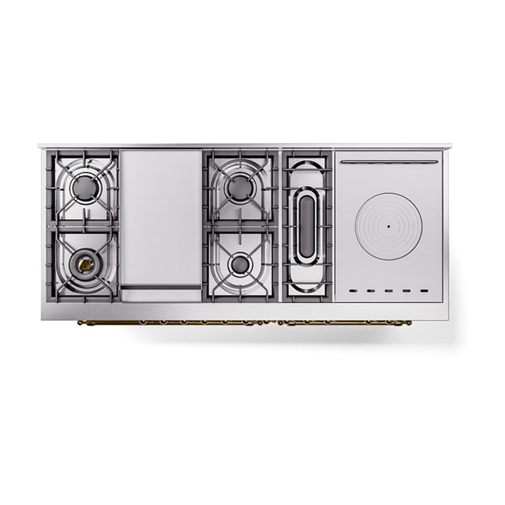 Ilve UN60FSNMPWHG Ilve Un60Fsnmpwhg Nostalgie Ii Noblesse 60" Dual Fuel Range (7 Sealed Burners + Griddle + French Top, Natural Gas, Triple Glass Door, White, Brass)