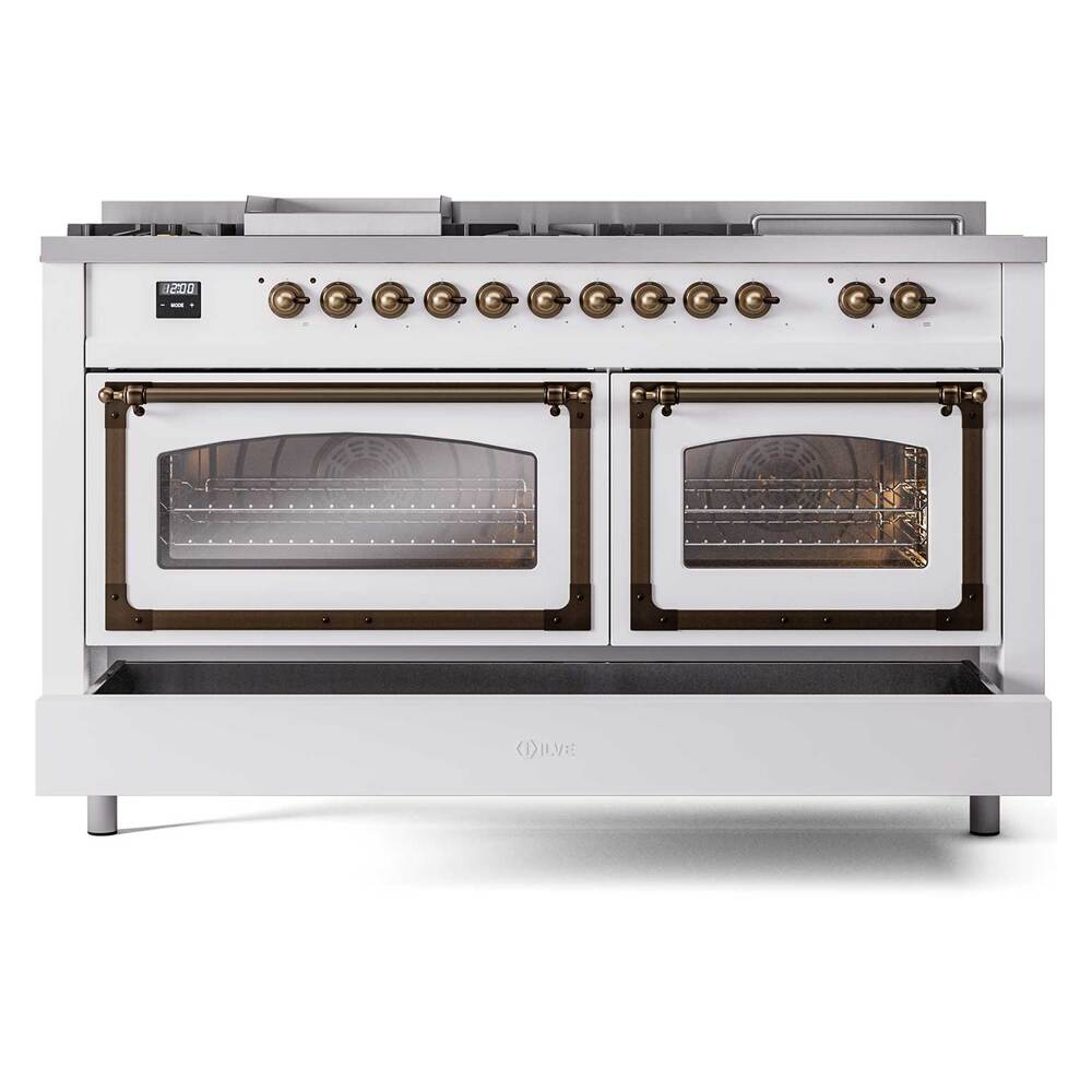 Ilve UN60FSNMPWHB Ilve Un60Fsnmpwhb Nostalgie Ii Noblesse 60" Dual Fuel Range (7 Sealed Burners + Griddle + French Top, Natural Gas, Triple Glass Door, White, Burnished)
