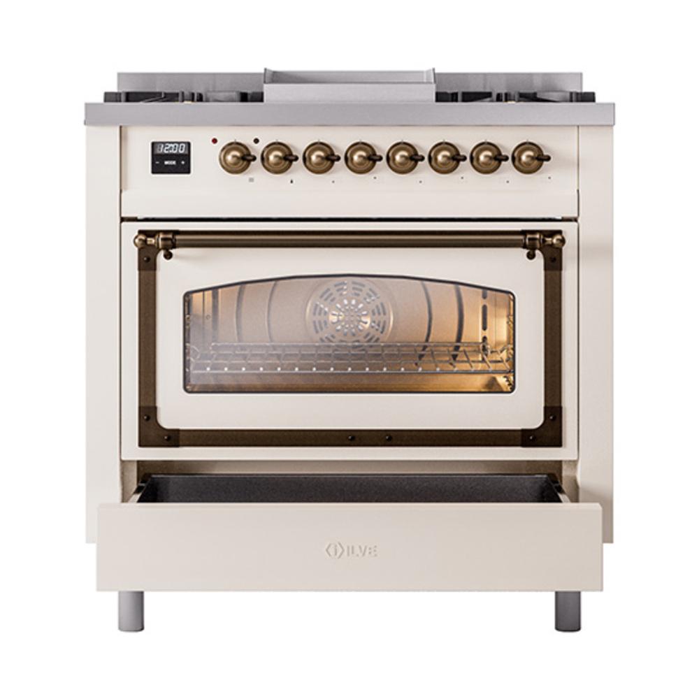 Ilve UN36FNMPAWBLP Ilve Un36Fnmpawblp Nostalgie Ii Noblesse 36" Dual Fuel Range (Liquid Propane, Triple Glass Door, Antique White, Burnished)