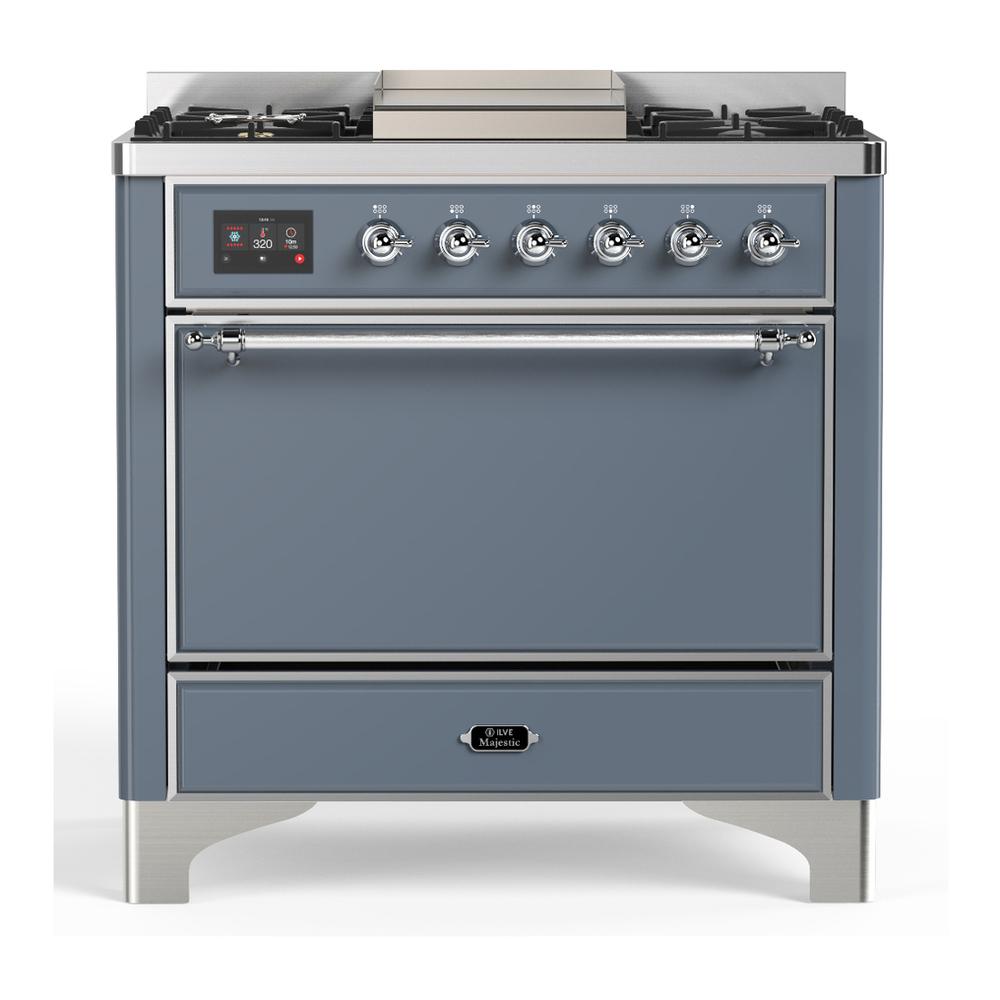 Ilve UM36FQNR3BGCLP Ilve Um36Fqnr3Bgclp Majestic Iii 36 Inch Dual Fuel Range With 6 Black Brass Burners And Griddle, Dual Function Burner Up To 25,000 Btu (Solid Door, Blue Grey, Chrome, Liquid Propane)