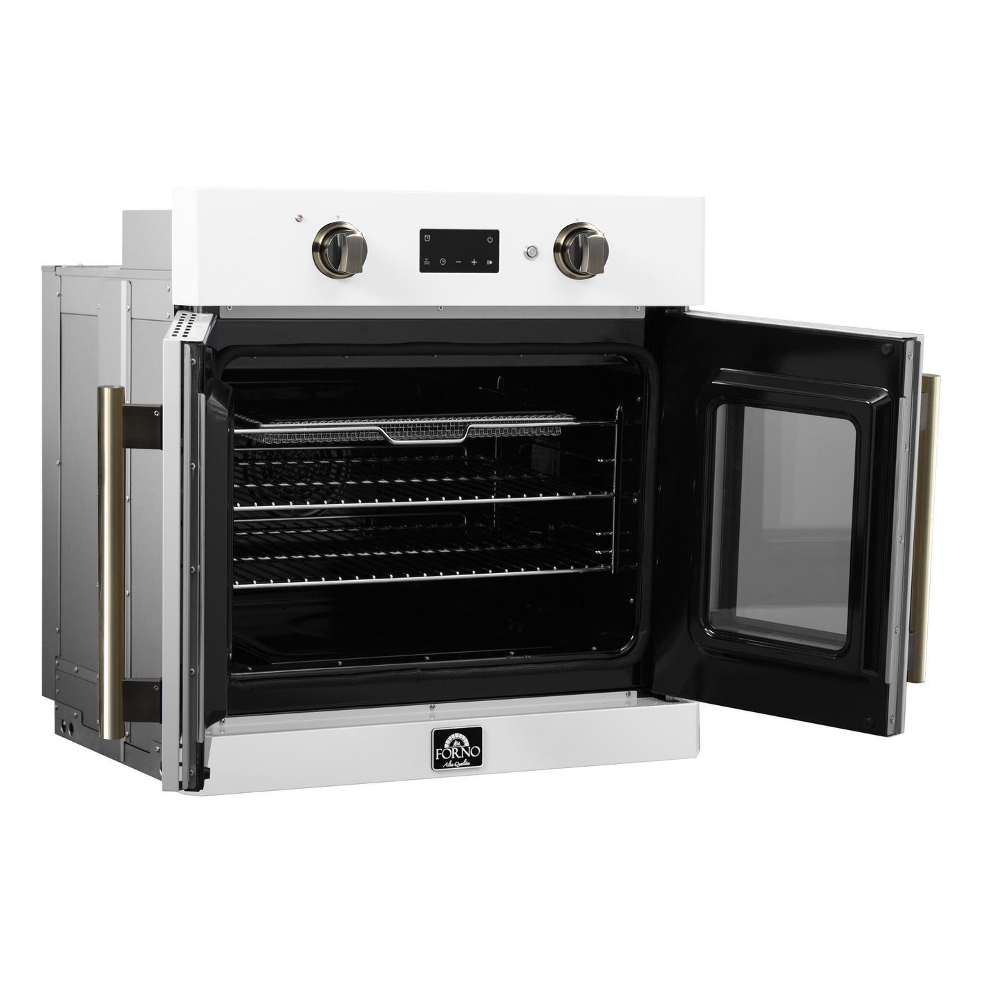 Forno FBOEL133330WHT Forno Asti 30-Inch French Door Electric Wall Oven In White & Antique Brass, 3.68 Cu. Ft. True Convection, 3,600W, Air Fry, Sous Vide, Self-Clean
