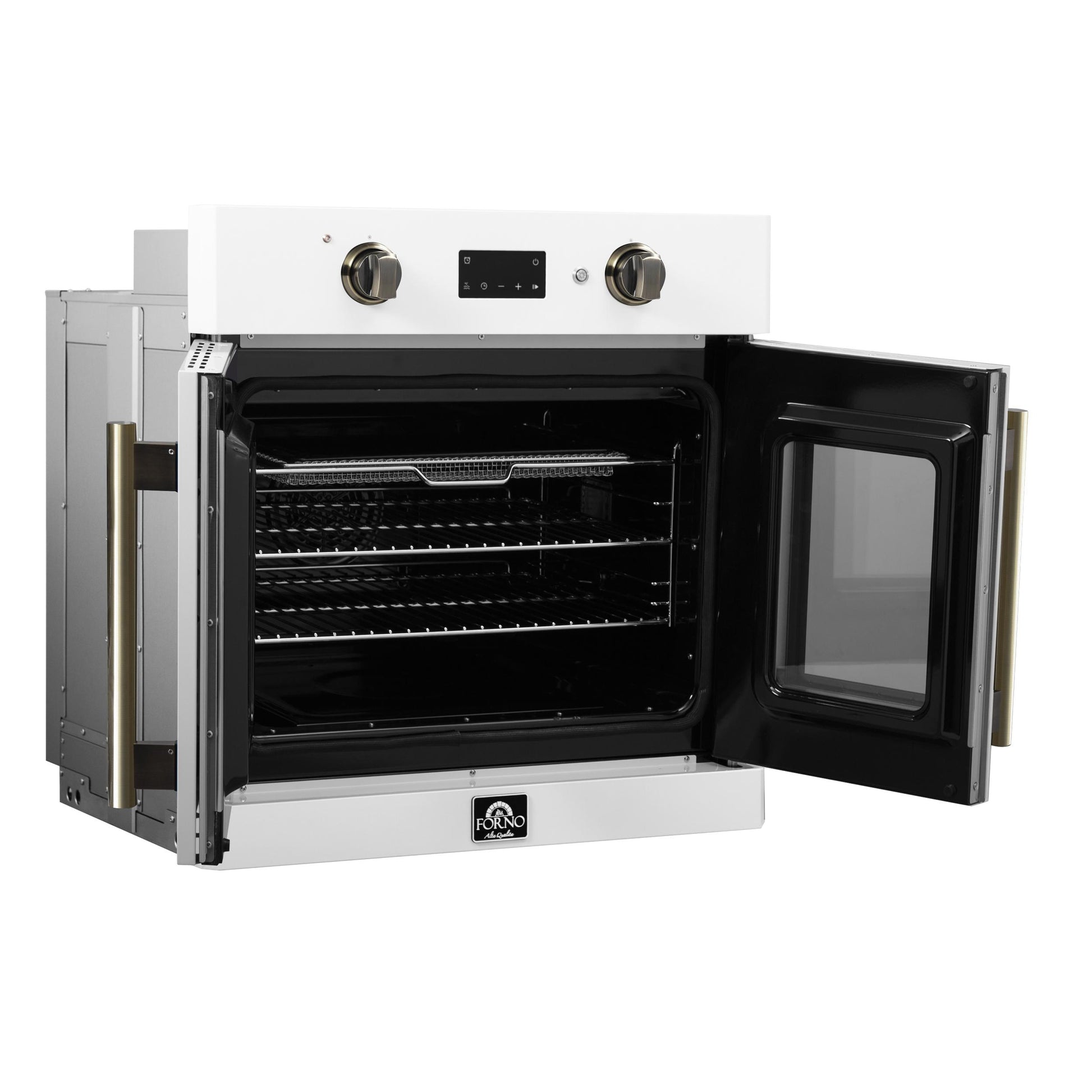 Forno FBOEL133330WHT Forno Asti 30-Inch French Door Electric Wall Oven In White & Antique Brass, 3.68 Cu. Ft. True Convection, 3,600W, Air Fry, Sous Vide, Self-Clean