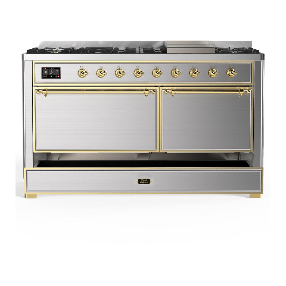 Ilve UM60FQNR3SSGLP Ilve Um60Fqnr3Ssglp Majestic Iii 60 Inch Dual Fuel Range With 9 Burners And Griddle, Dual Function Burner Up To 25,000 Btu (Liquid Propane, Solid Door, Stainless Steel, Brass)