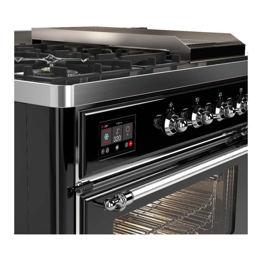 Ilve UM48FSNR3BKC Ilve Um48Fsnr3Bkc Majestic Iii 48 Inch Dual Fuel Range With 5 Black Brass Burners, Griddle And French Top, Dual Function Burner Up To 25,000 Btu (Natural Gas, Triple Glass Door, Glossy Black, Chrome)